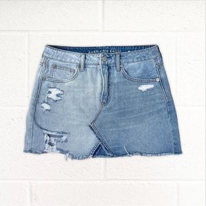 American Eagle Split Dye High Waisted Distressed Denim Mini Skirt